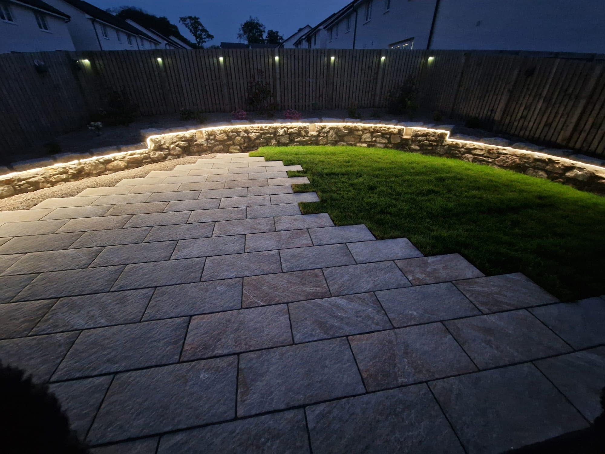Porcelain patio with strip lighting built by Gillies Construction in Aberdeen